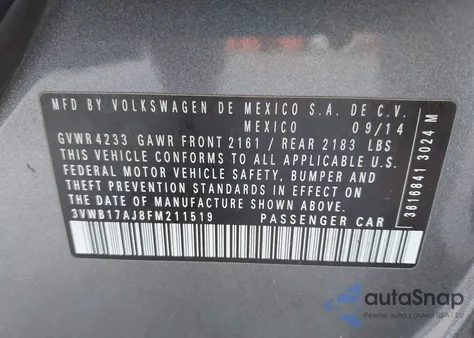 2015 Volkswagen Jetta 1.8T Sport z USA, uszkodzony, nr VIN 3VWB17AJ8FM211519